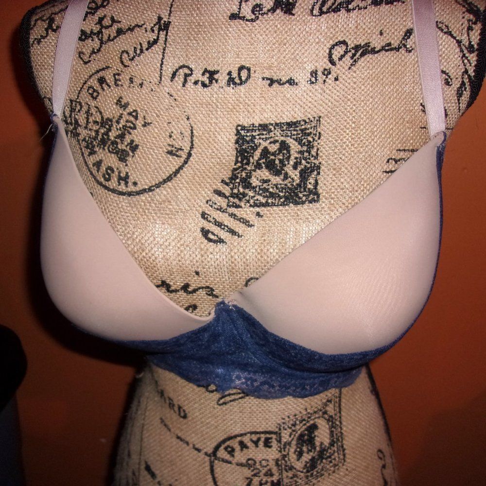 Youmita 42DDD Tan w/Blue Floral Lace Overlay Bra NWT